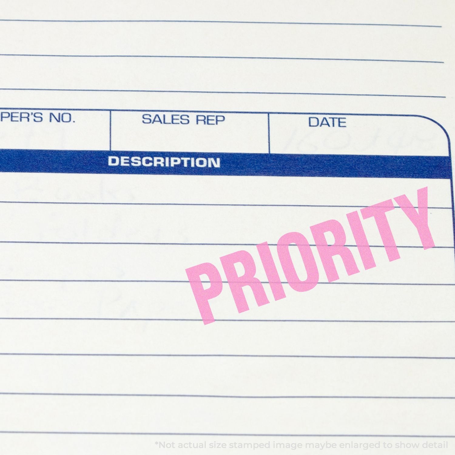 Sales description form with date and sales rep fields and PROHIBIT stamp, highlighting restricted document processing.