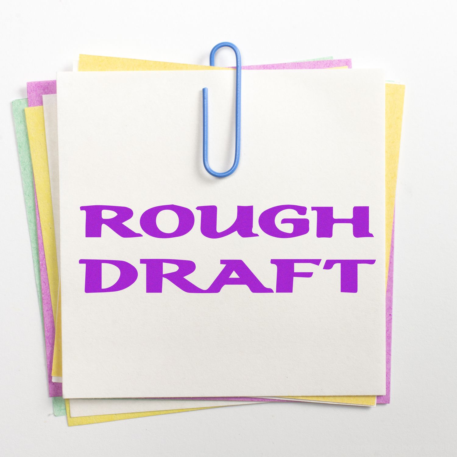 Rough Draft writing bag with bold purple ROUGH DRAFT text and colorful paper stacks, symbolizing early drafts and editing process.