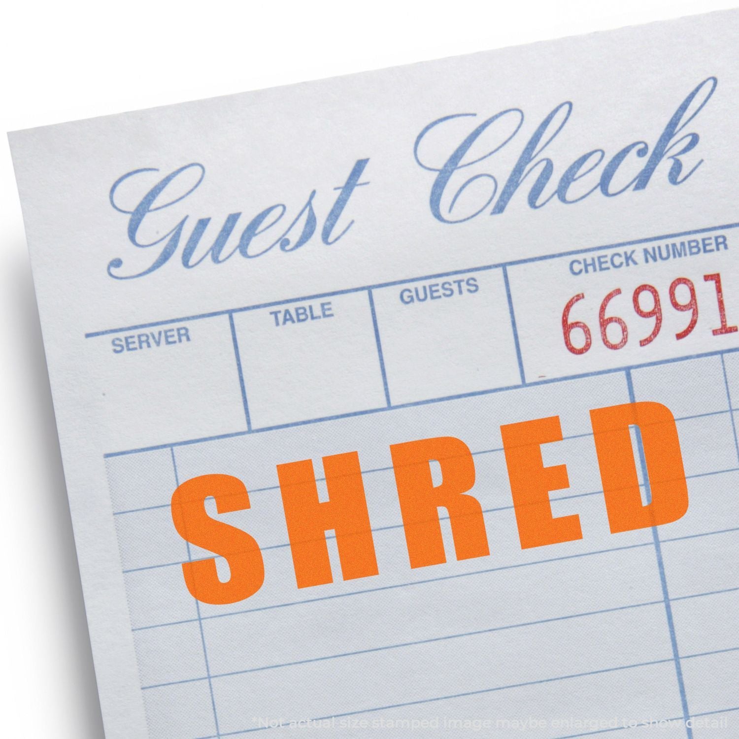 Restaurant guest check receipt with server, table, guests and check number for quick billing and order tracking.