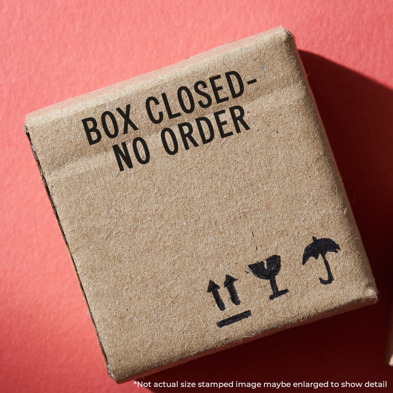 Close-up of vintage storage label reading BOX CLOSEDNO ORDER, indicating closed shipment and no orders allowed.