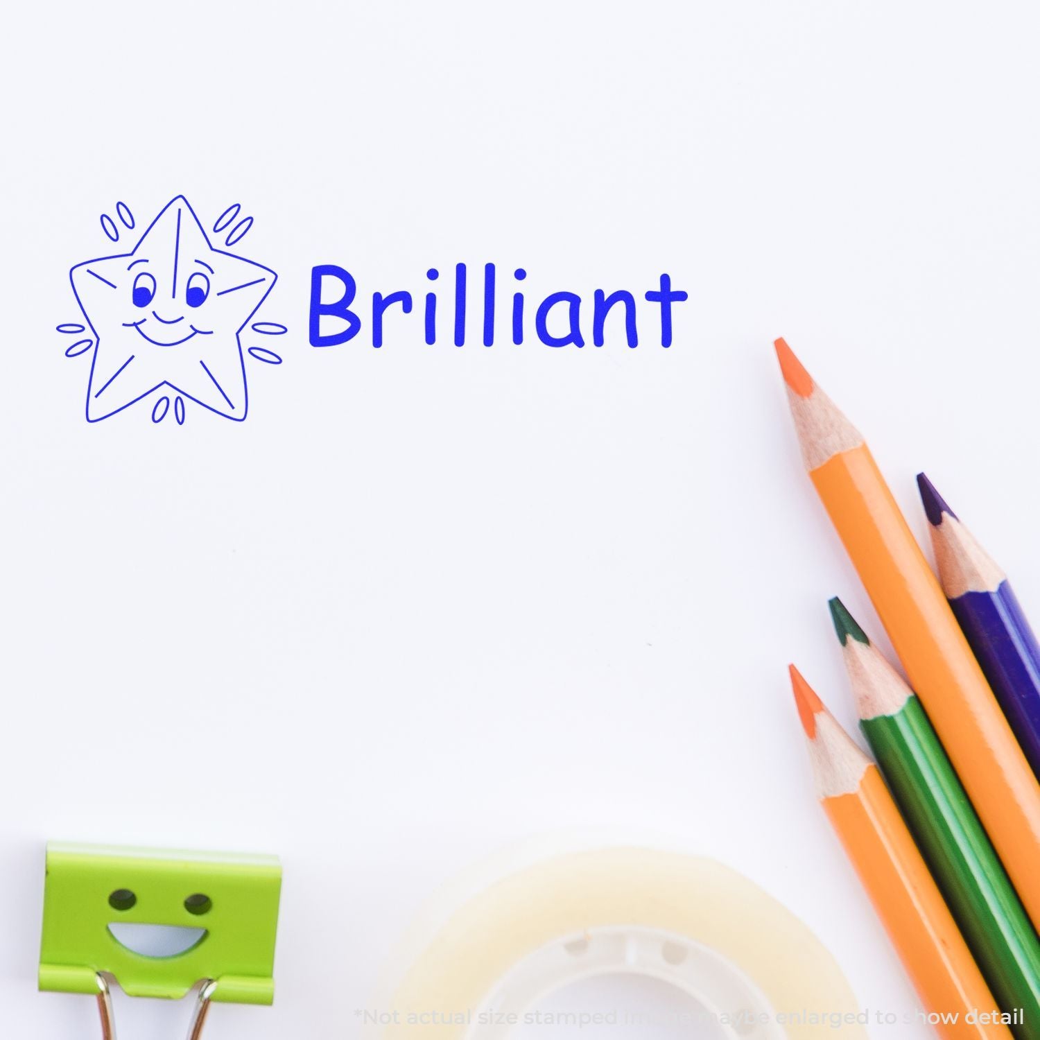 Brilliant classroom creativity concept with Brilliant text, smiling star doodle, and colored pencils for kids learning