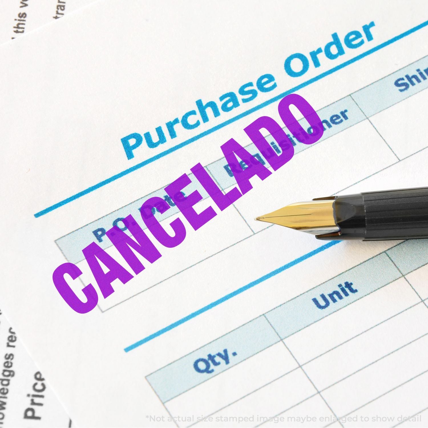 Cancelled purchase order document with purple CANCELLED stamp and pencil, showing procurement order cancellation status for records.