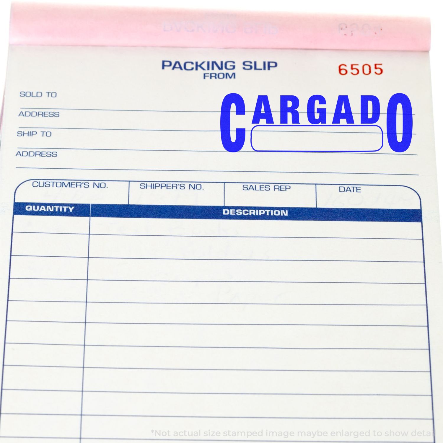 Packing slip form labeled CARGADO with reference 6505, showing shipping address and item quantity/description fields for orders.