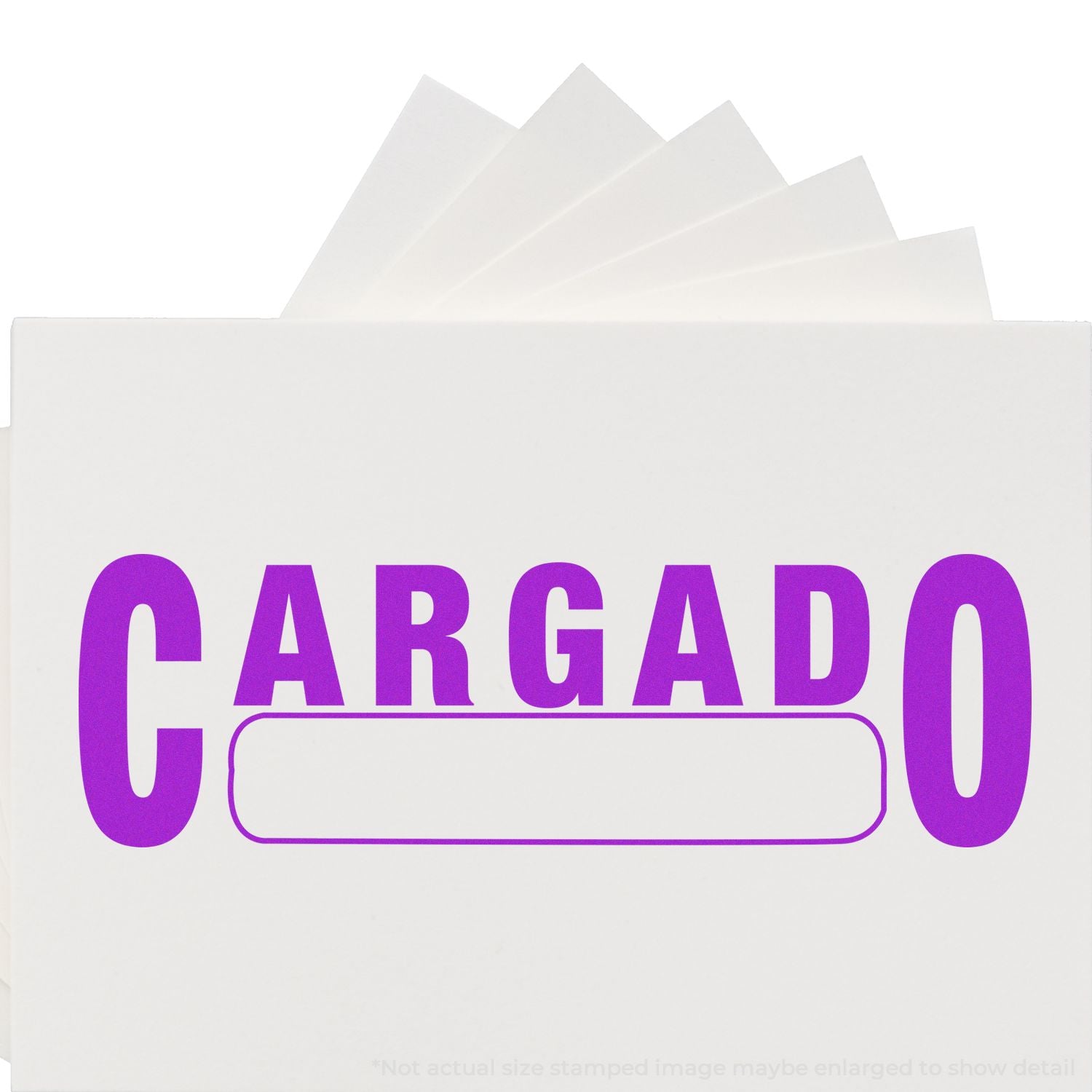 Purple CARGADO stamped on white cardboard shipping box, highlighting cargo delivery label for freight and logistics services