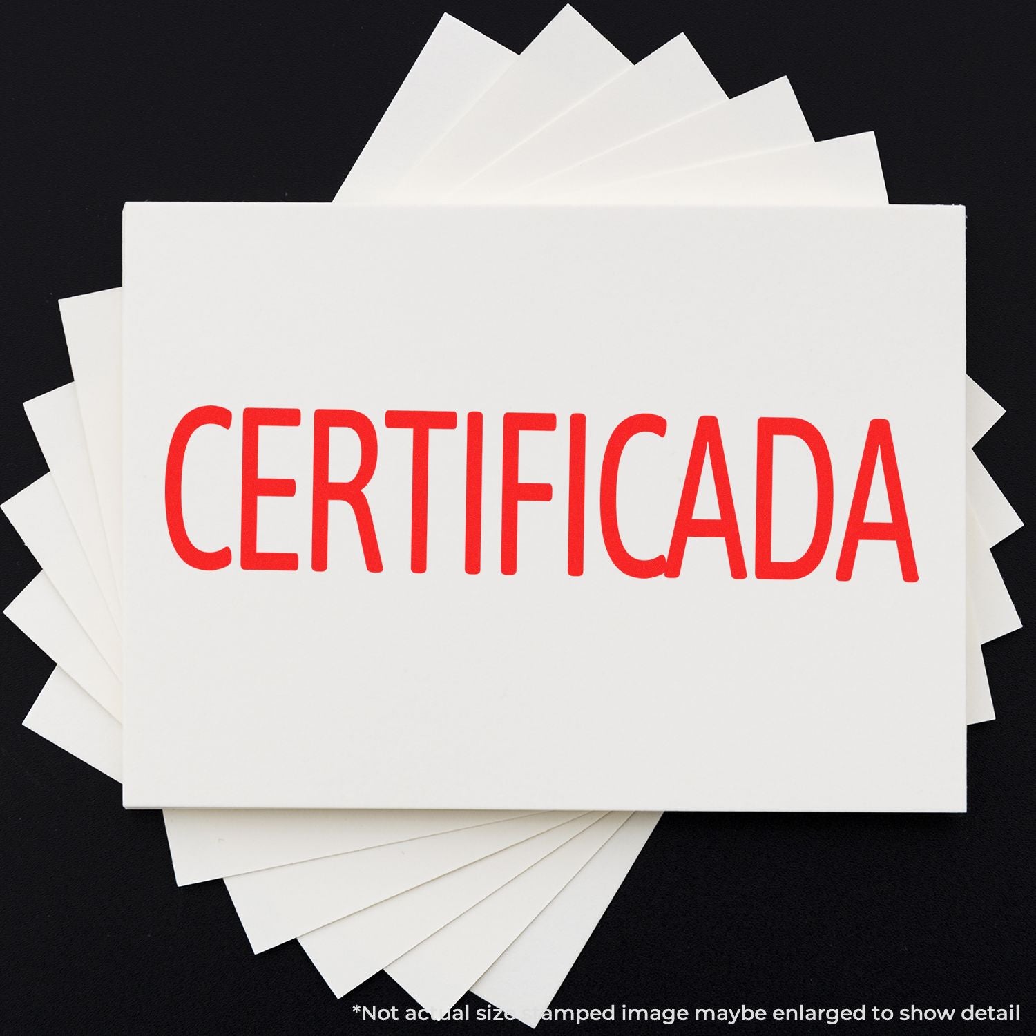 Stack of white certificate papers with red CERTIFICADA text on a black background, indicating certified document copies.