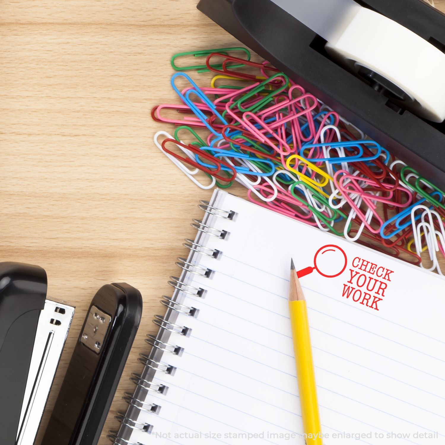 Office desk with colorful paper clips, spiral notebook, pencil, stapler and Check Your Work stamp for proofreading and office organization.