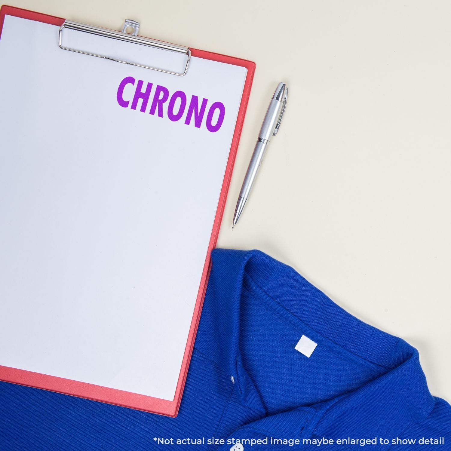 CHRONO planning concept: clipboard labeled CHRONO with pen and blue hoodie, highlighting deadlines and time tracking.
