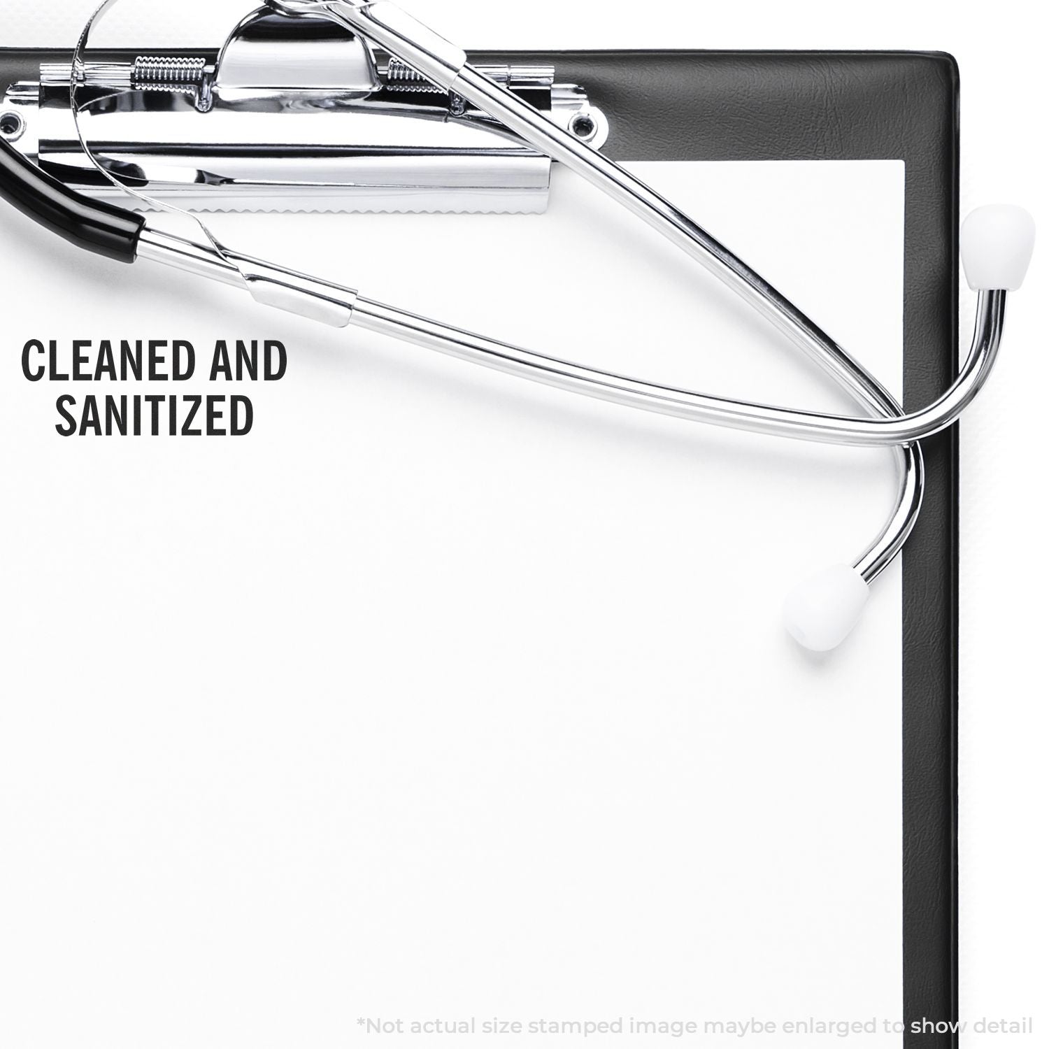 Cleaned and sanitized medical clipboard with stethoscope on white background, healthcare hygiene concept.