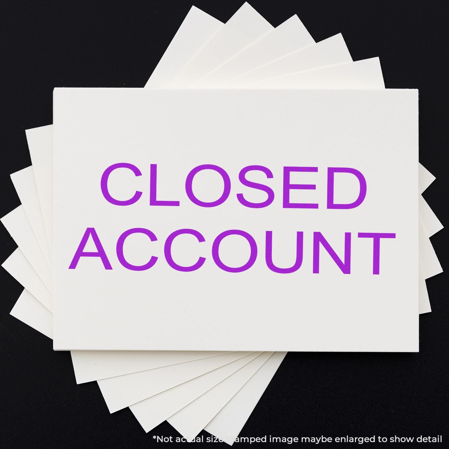 Closed account notice card with purple CLOSED ACCOUNT text on stacked stationery, indicating a customer account is inactive.