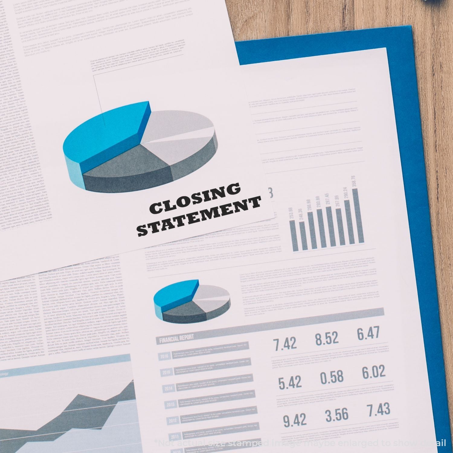 Financial closing statement report page with pie and bar charts showing business performance figures for accounting review document.