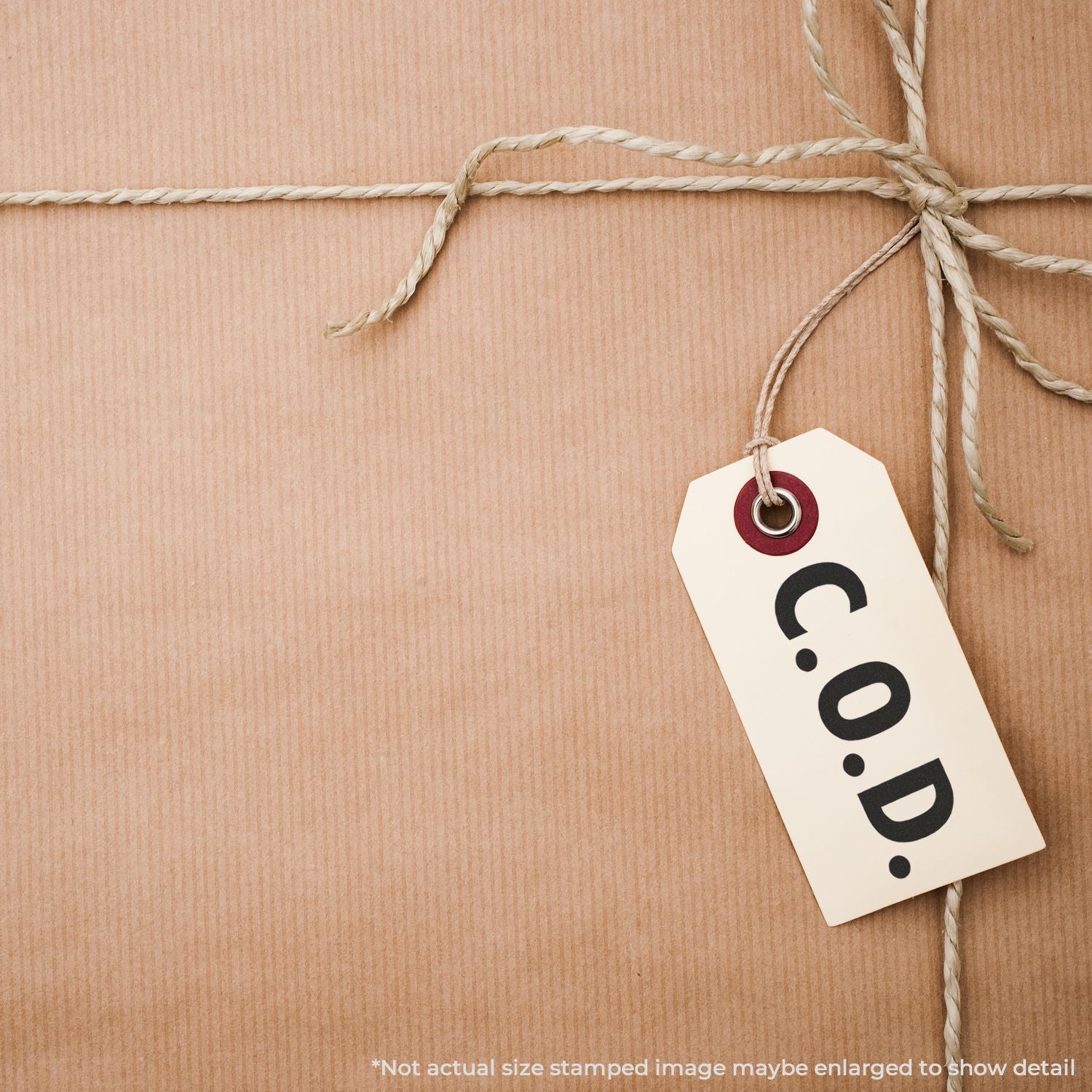 Price tag hangtag tied with twine on cardboard product packaging, highlighting branding and pricing information.