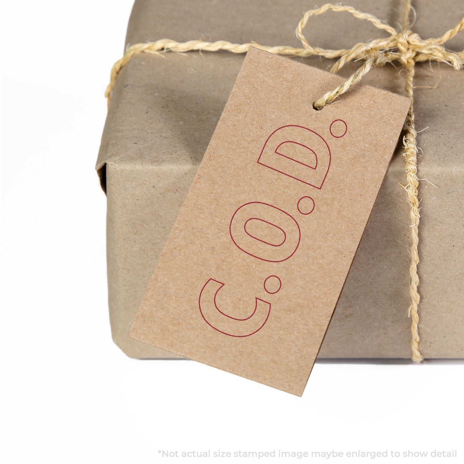 Kraft paper gift tags with twine and red logo, ideal for custom packaging and eco-friendly branding