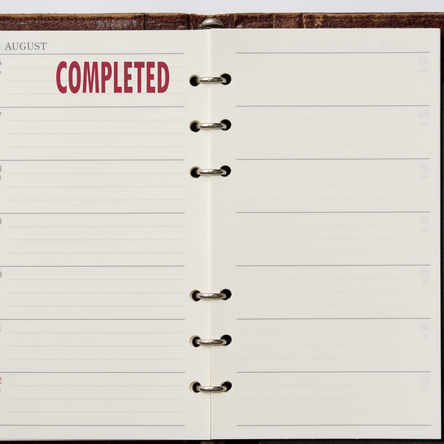 Open weekly planner page labeled COMPLETED, showing lined notes and binder ringsideal for tracking finished tasks and goals.