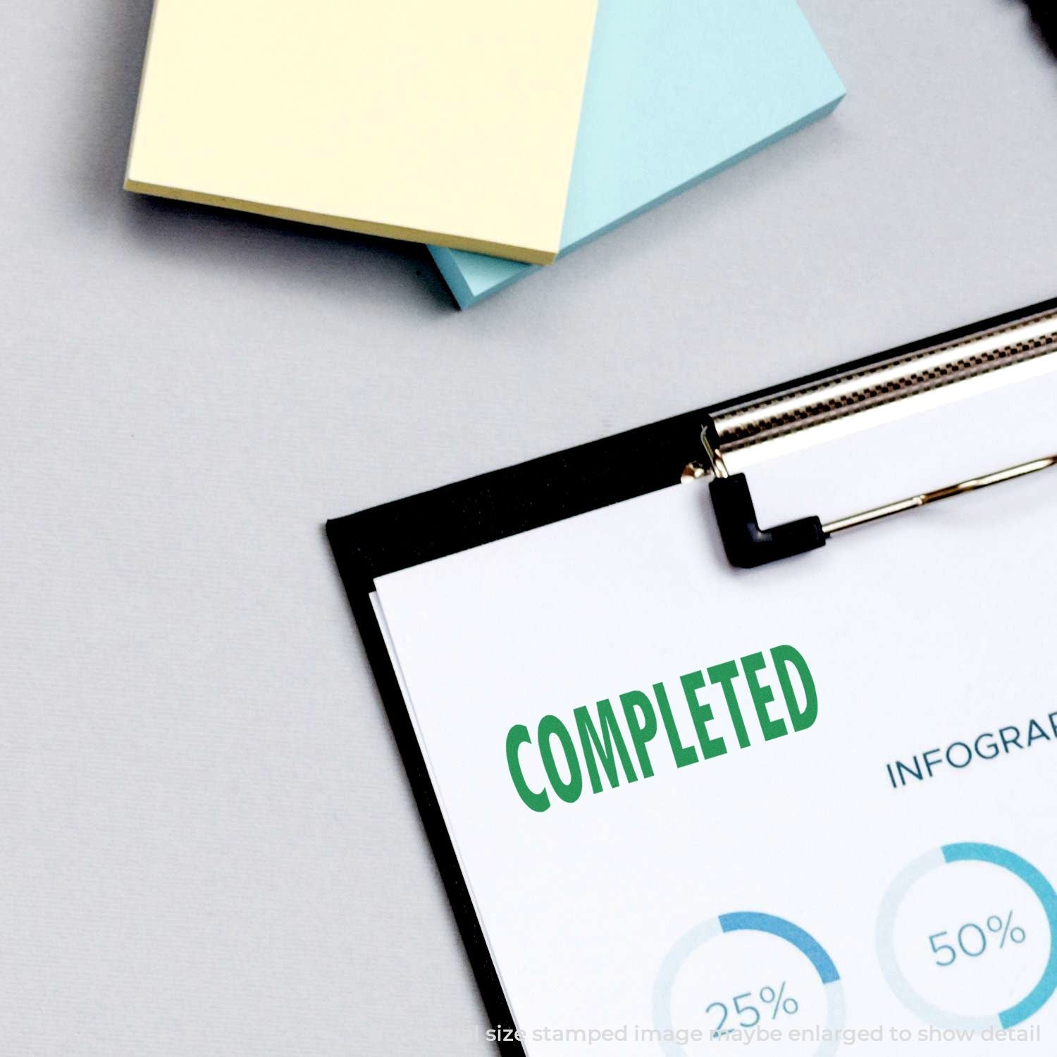 Completed project status report on clipboard with green COMPLETED label, illustrating achievement and progress tracking for business planning.