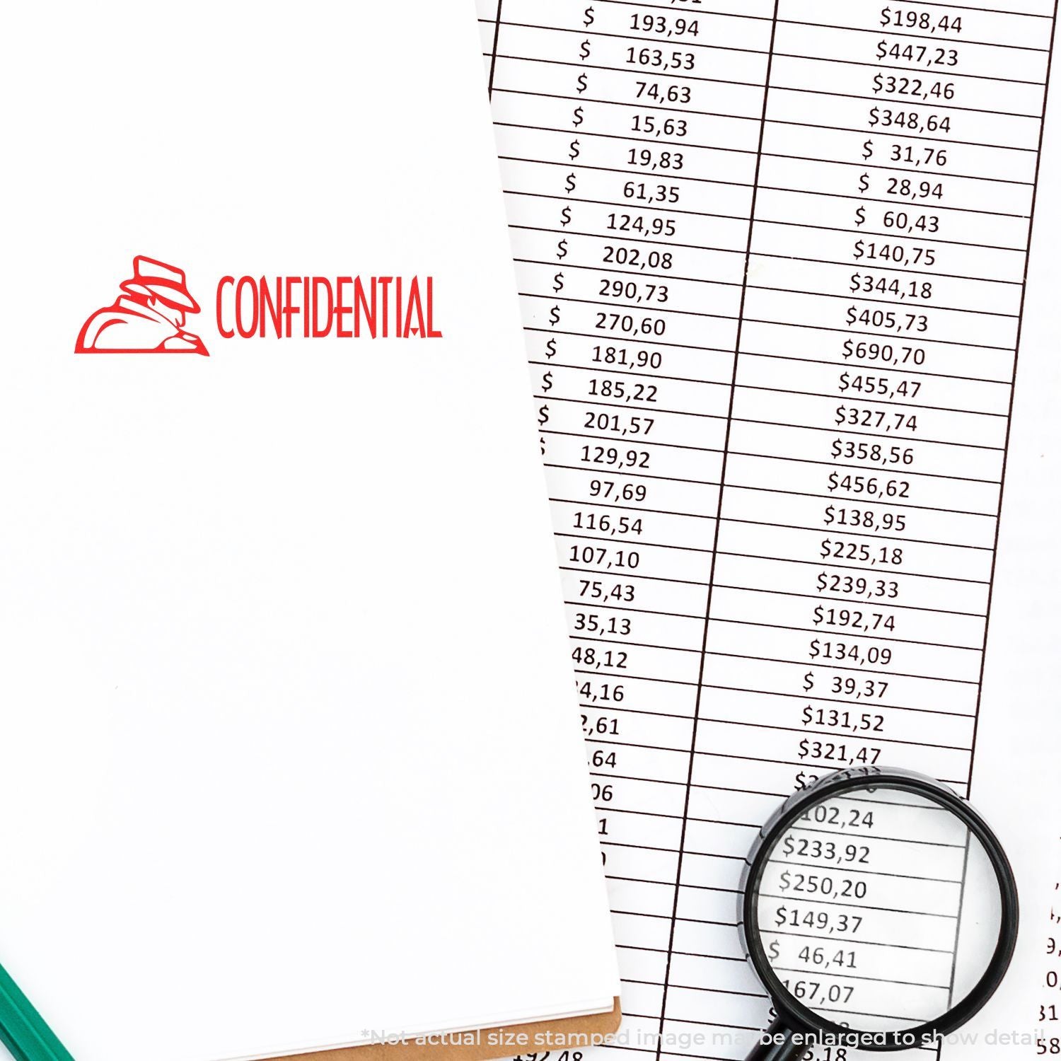 Confidential financial documents with detailed expense spreadsheet and magnifying glass on white folder cover, audit and accounting concept.