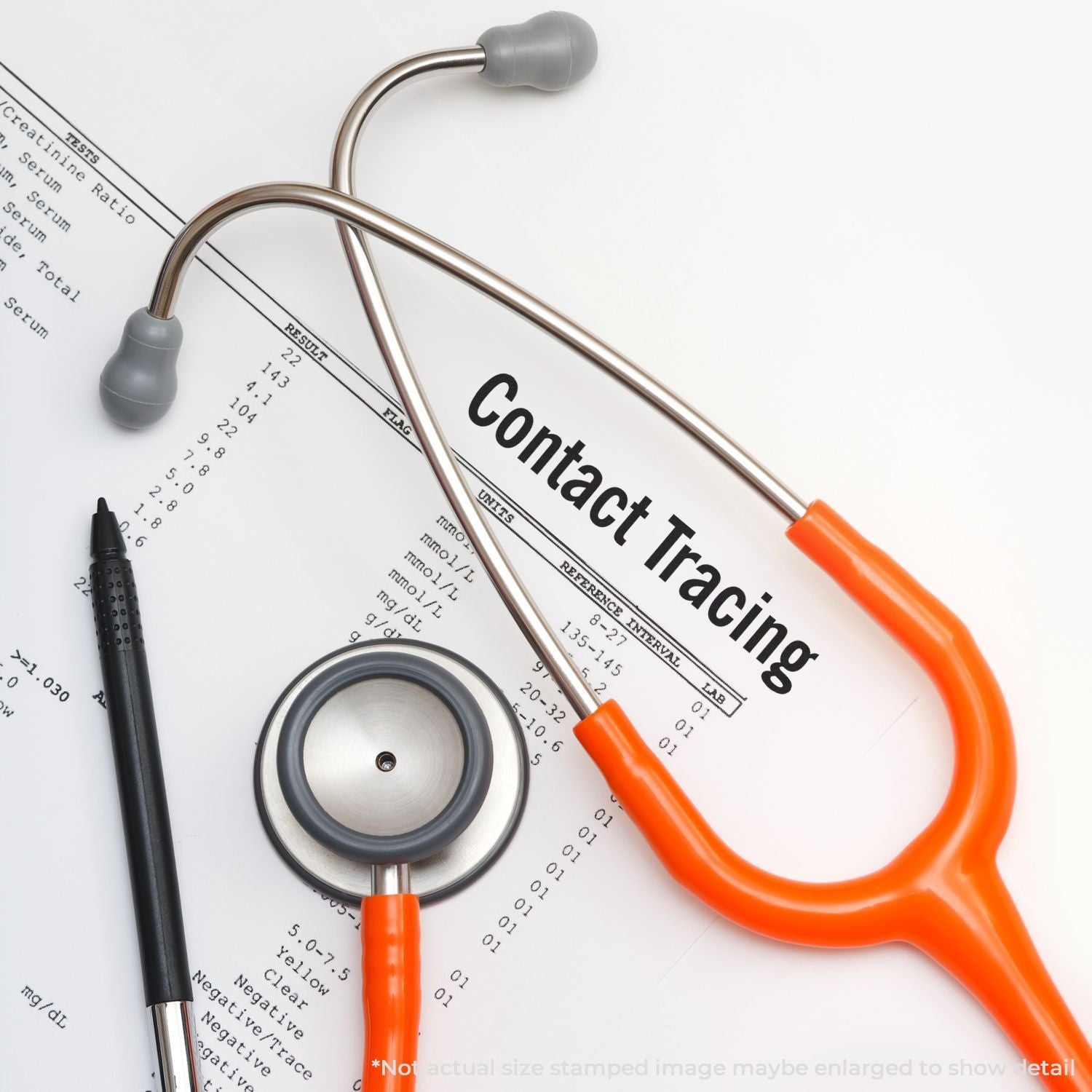 Orange and gray stethoscope over Contact Tracing medical paperwork, highlighting infectious disease tracking and healthcare.