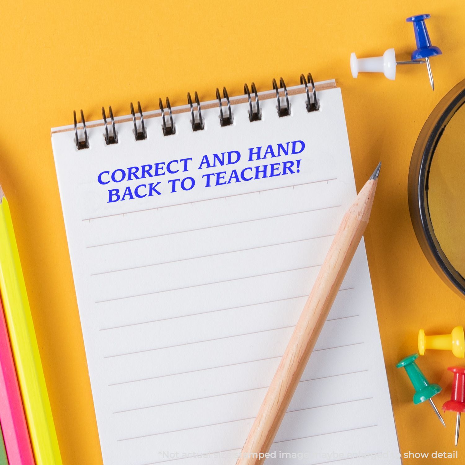 School notebook note reading Correct and Hand Back to Teacher with pencil and stationeryeducation feedback reminder.