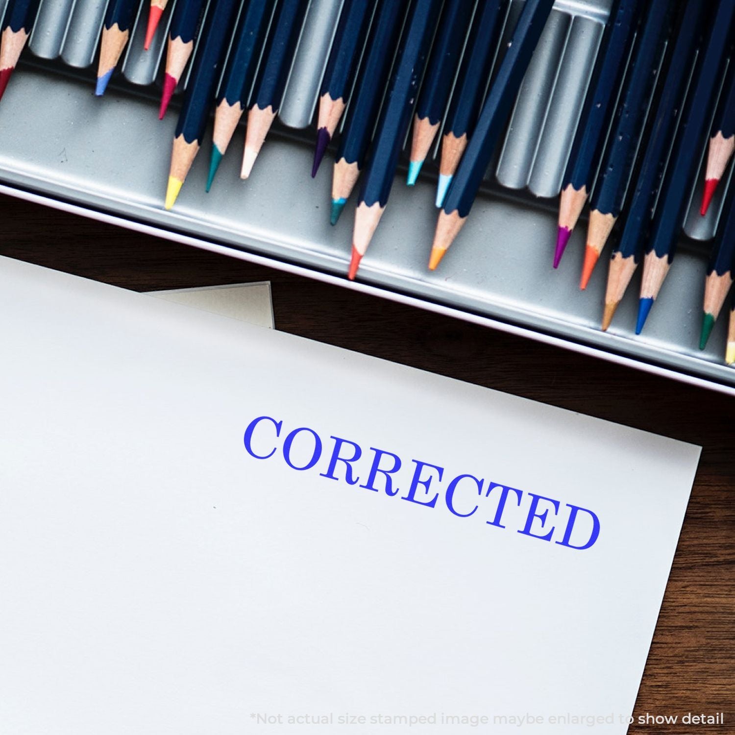 Colored pencils over a paper stamped CORRECTED, symbolizing document editing, proofreading, and revision for accuracy and quality.