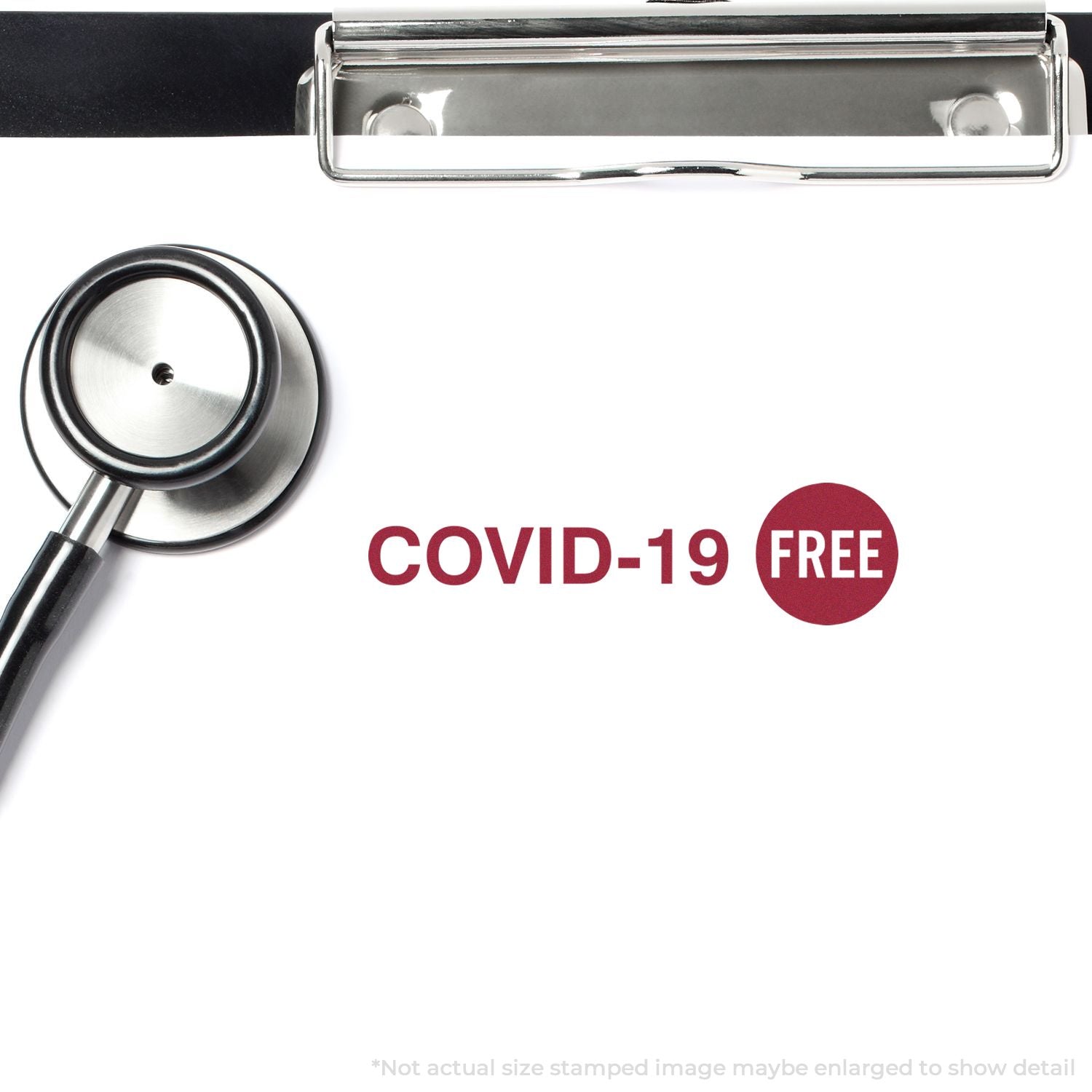 Stethoscope beside clipboard with COVID-19 FREE medical care message for free screening.