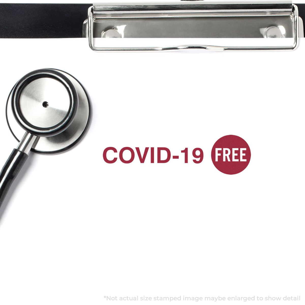 Stethoscope and clipboard promoting COVID-19 free medical screening and health test services