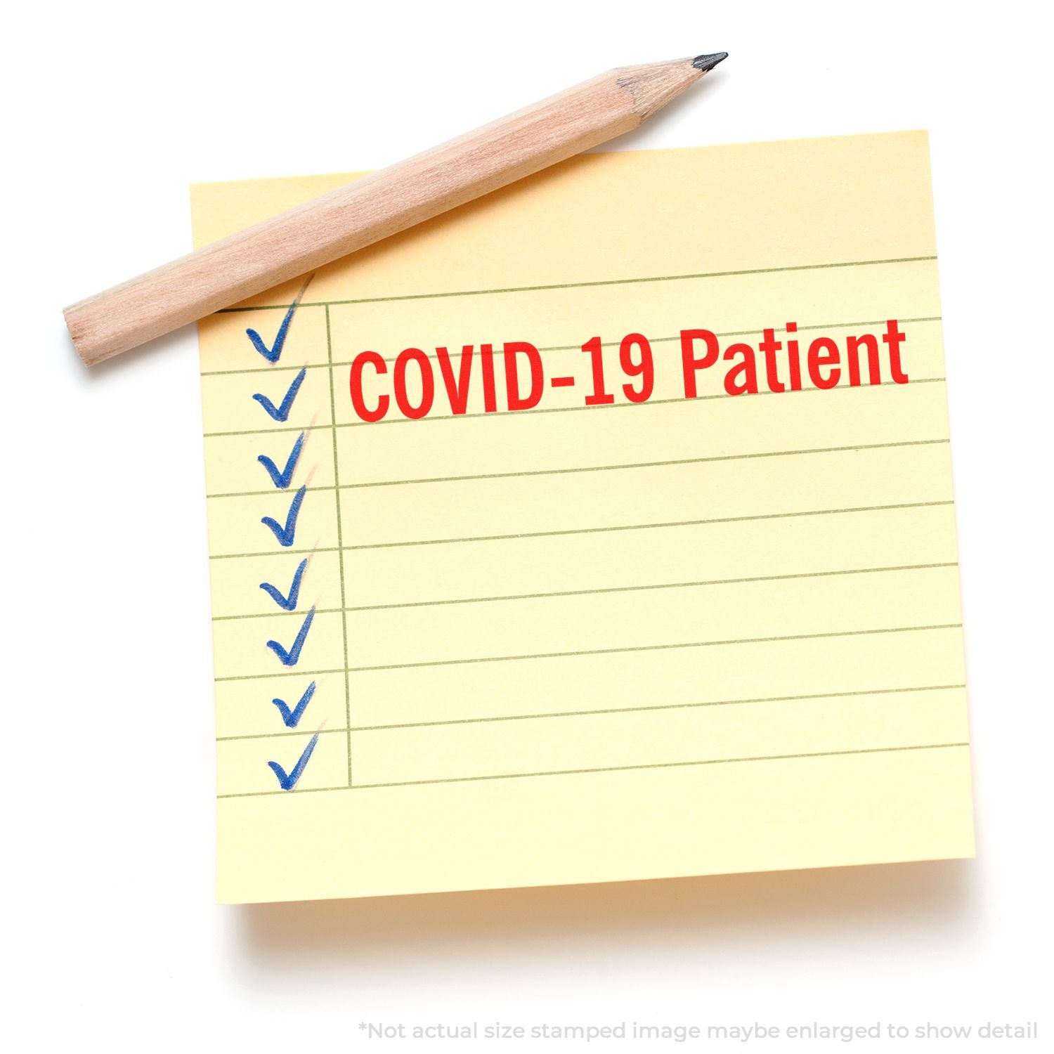 COVID-19 patient checklist note with pencil and check marks, highlighting confirmed cases and healthcare documentation information.