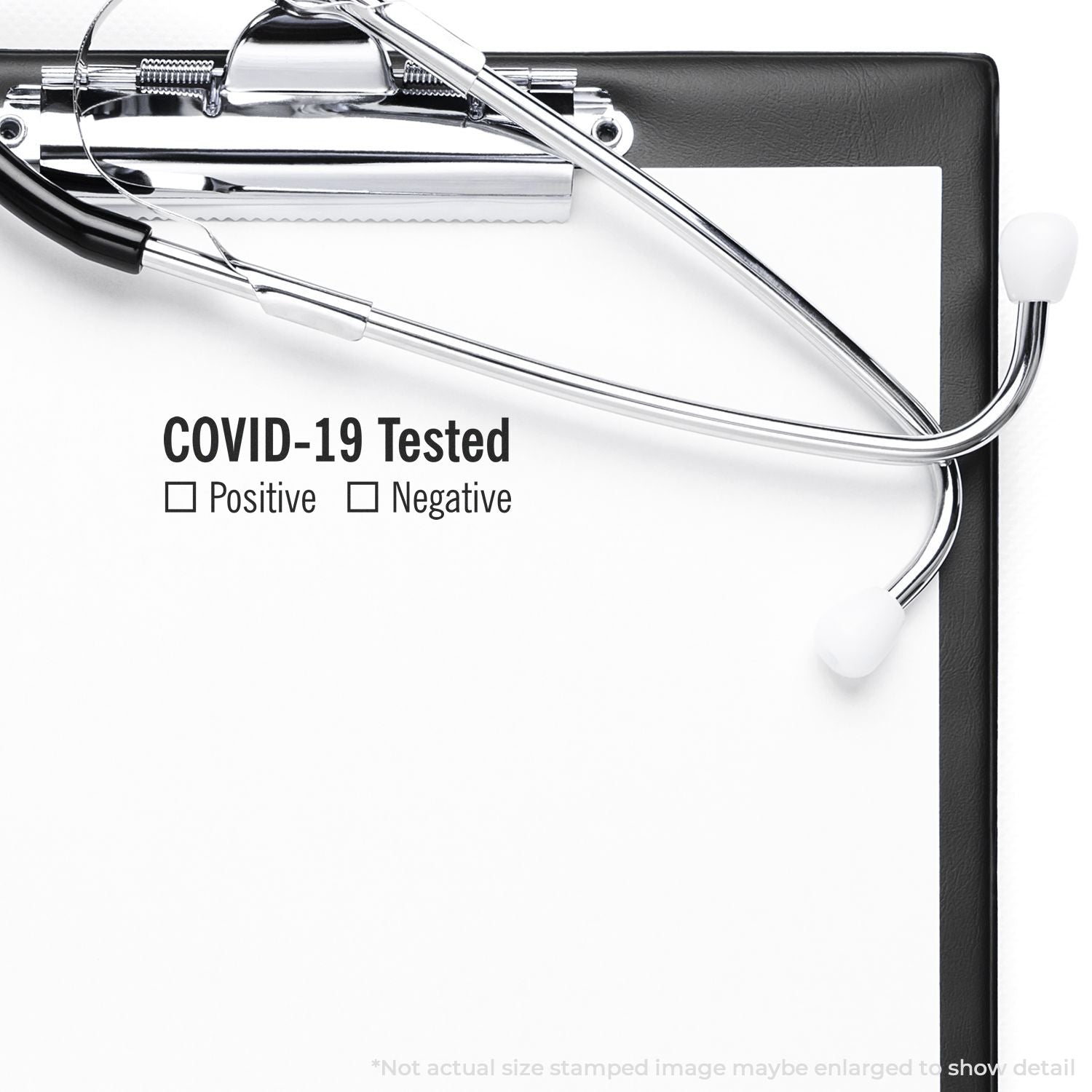 COVID-19 testing medical checklist with stethoscope showing positive and negative result options on clipboard for COVID screening.
