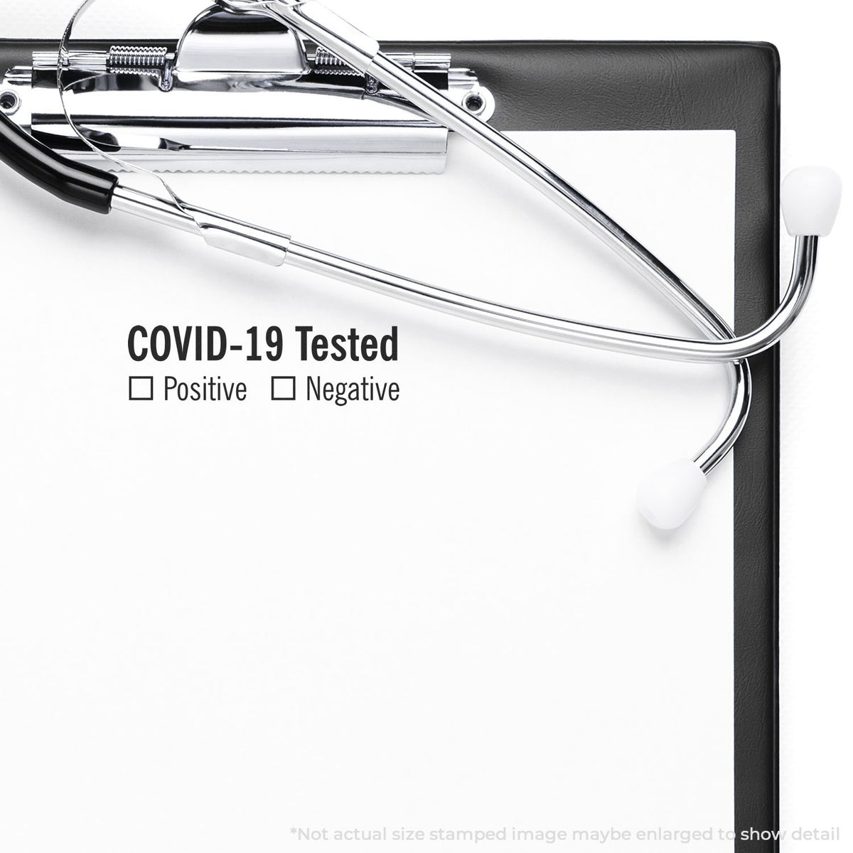 Medical healthcare stethoscope and clipboard marked COVID-19 Tested with positive and negative test results for screening.