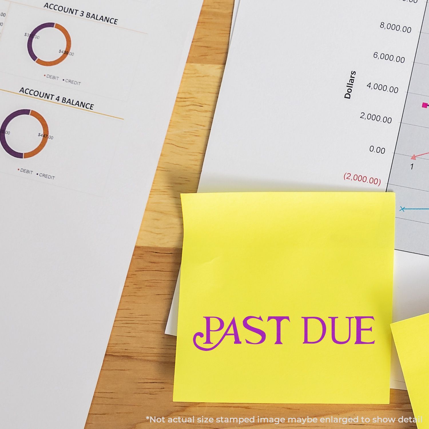 Accounting dashboard with account balances and a yellow PAST DUE notice, highlighting overdue payment of $2,000.00.