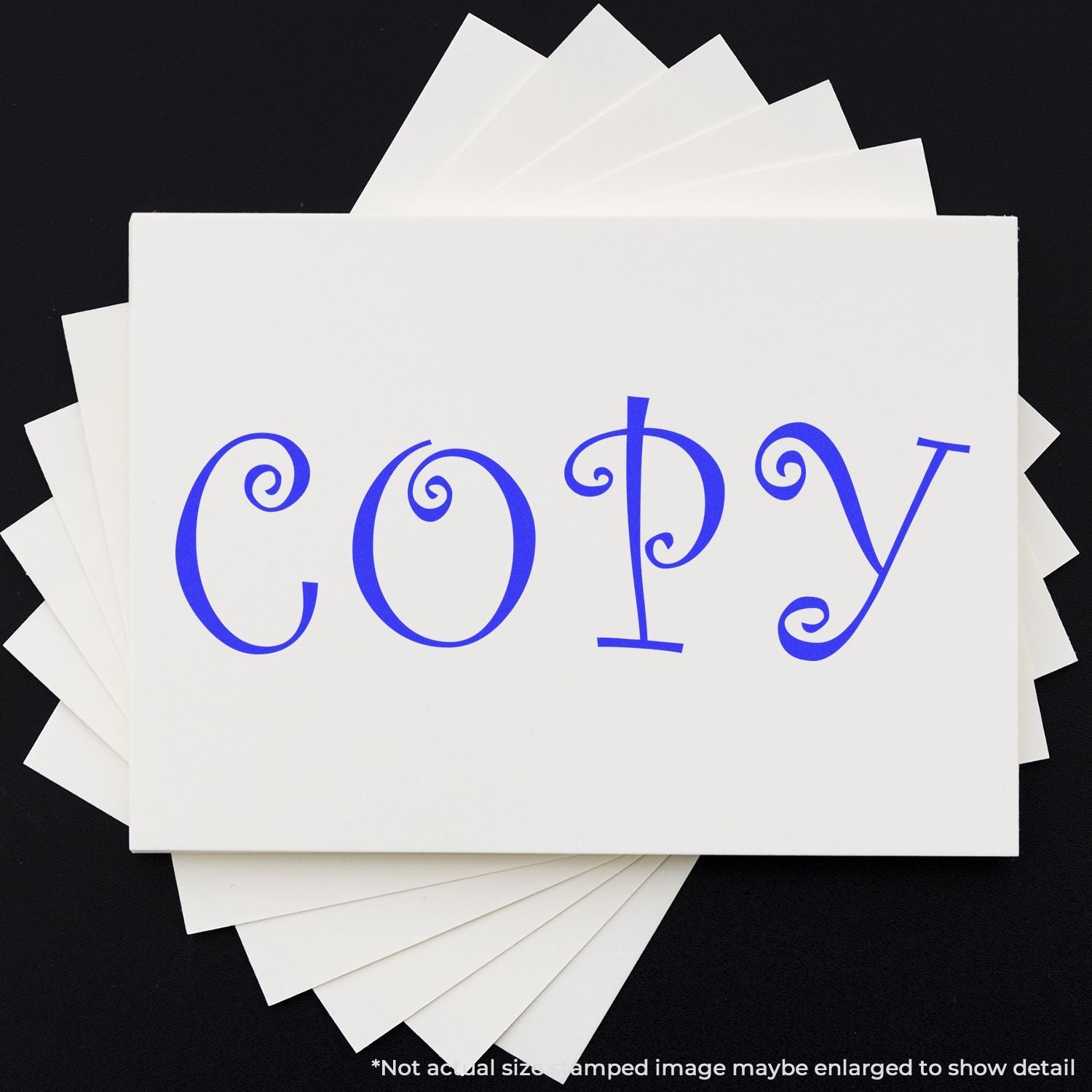 Stack of white greeting cards with blue COPY lettering, representing printing, copies, and graphic design typography.