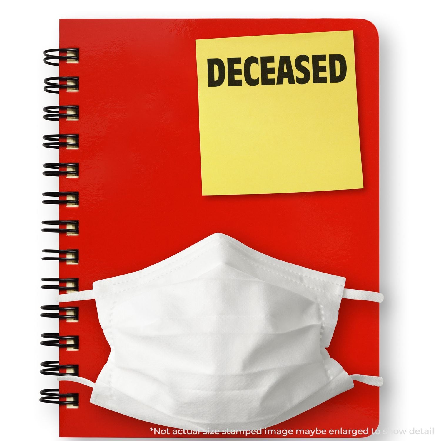 Red notebook with deceased sticky note and white face mask, symbolizing death, quarantine, or medical record concept.