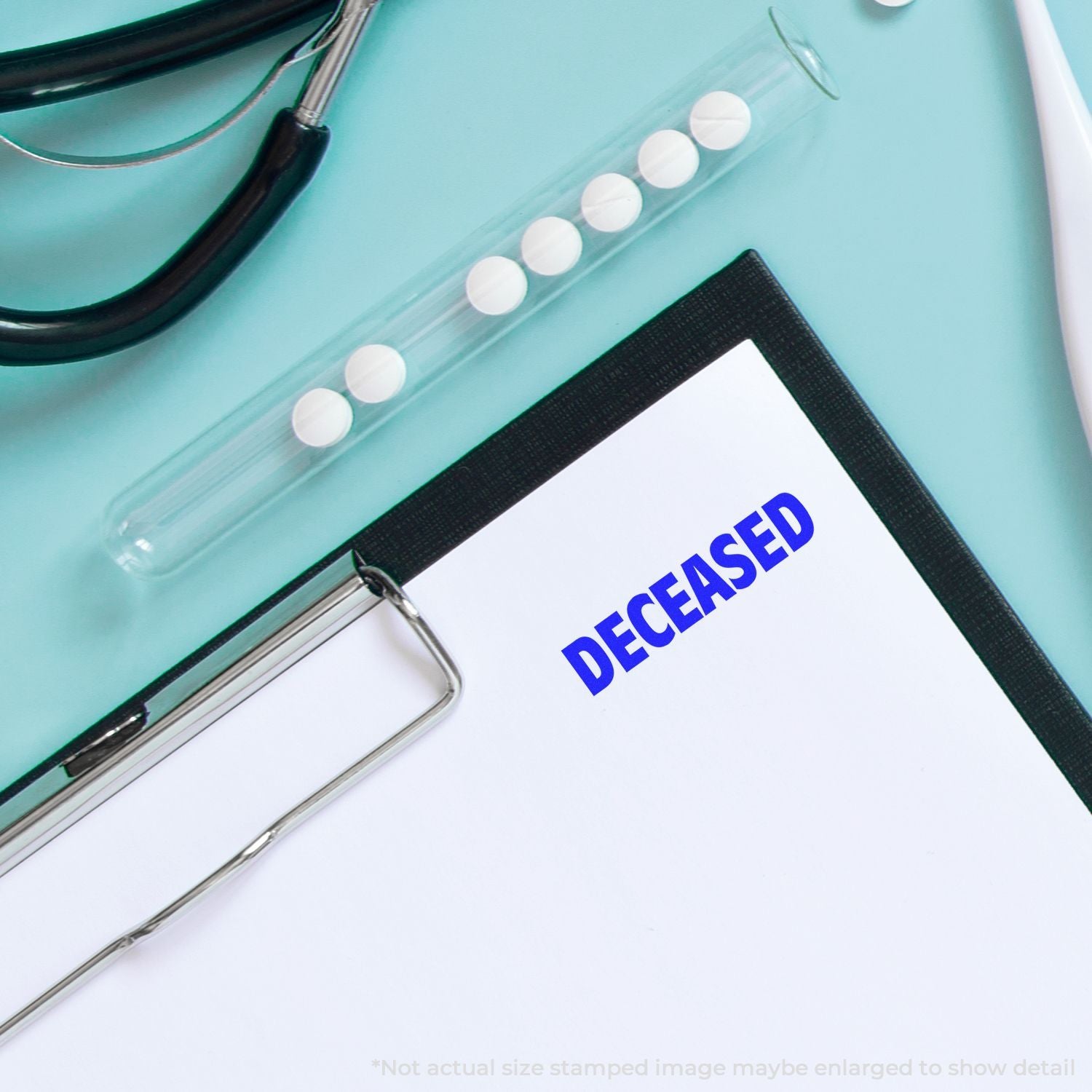 Close-up of the DECREASE stamp on a clipboard binder page with pen and metal rings, symbolizing reducing progress and productivity metrics.