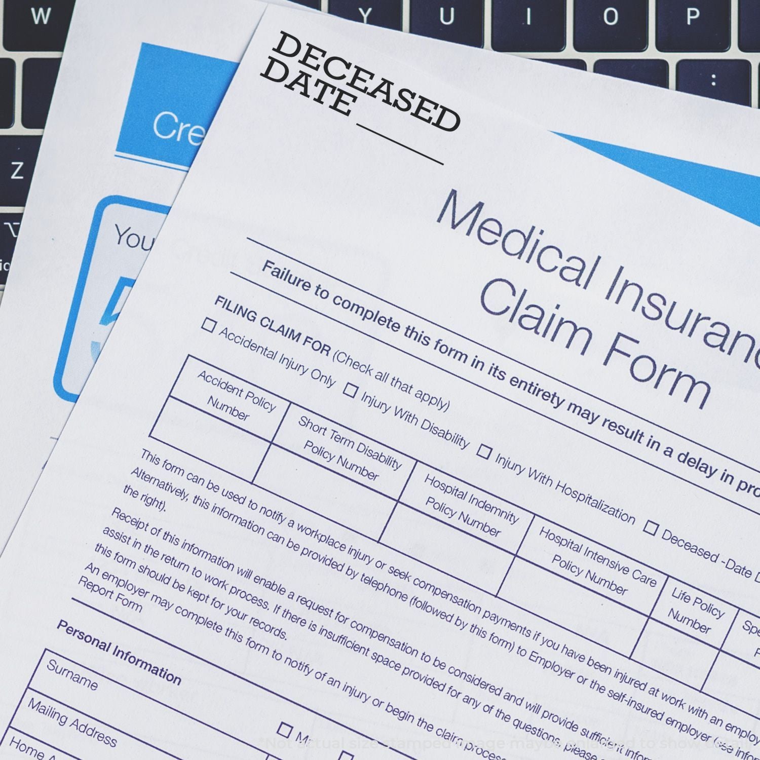 Insurance injury claim paperwork titled Declared Detailed Injury Claim with checkboxes for hospital, disability, and injury details.