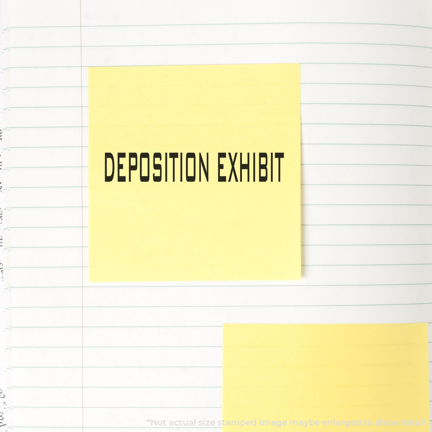 Legal deposition exhibit label on yellow sticky note over lined paper, indicating court evidence document.