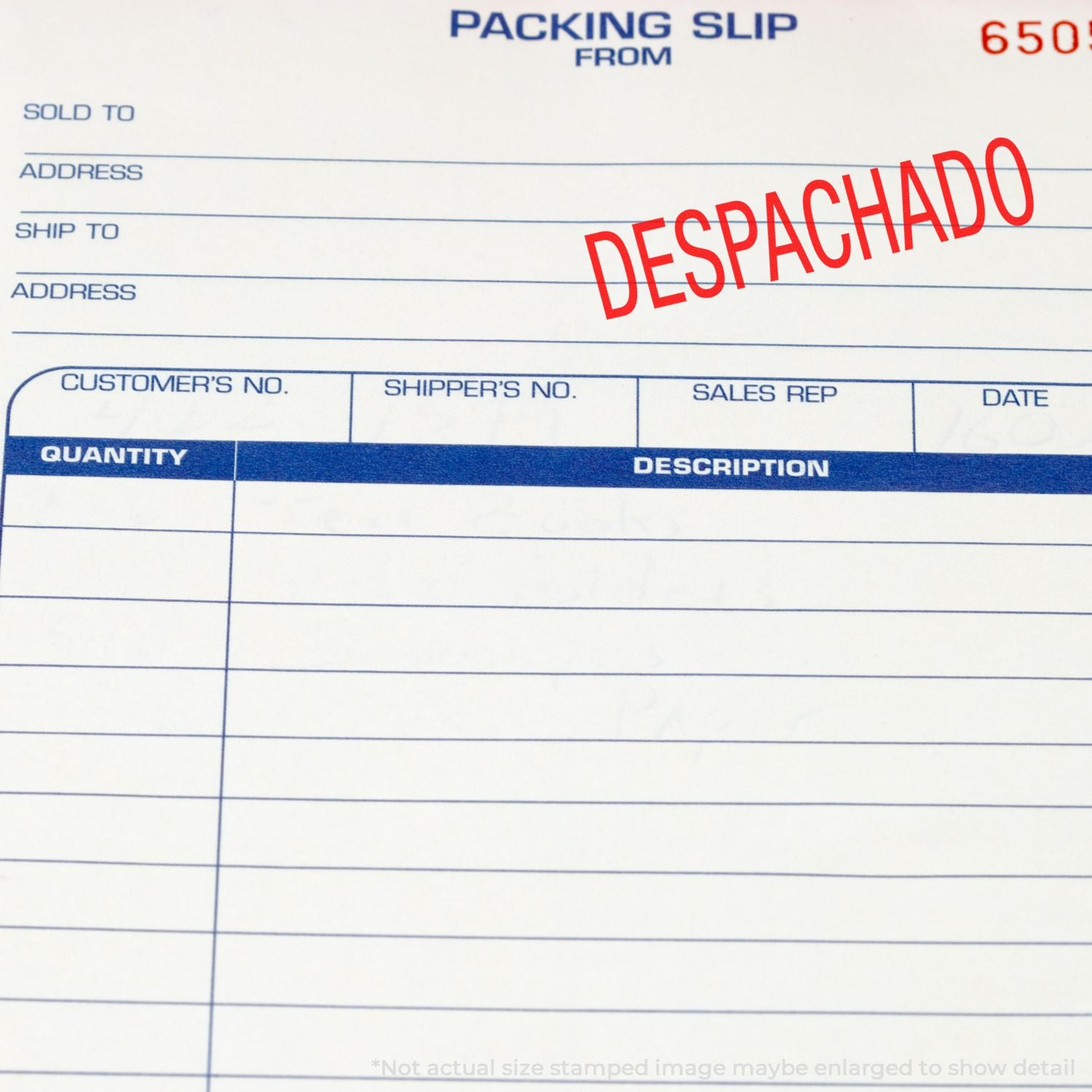 Packing slip form showing DESPACHADO despatched label, with sold-to and ship-to fields for shipping documentation and orders.