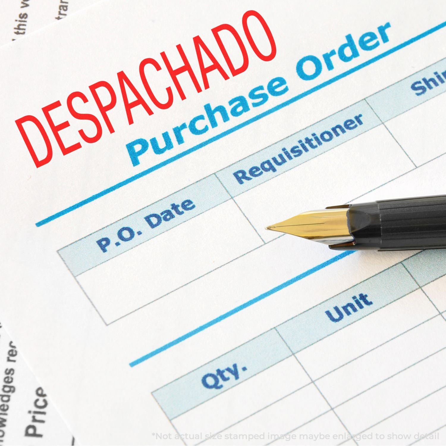 DESPACHADO stamped shipping document showing P.O. date and requisition, with pencilemphasizing dispatched order processing.