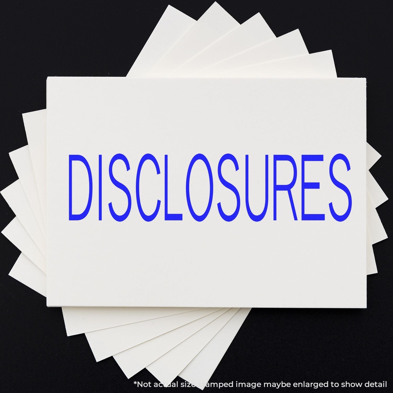 Stack of white paper cards with bold blue Disclosures text on a black background.