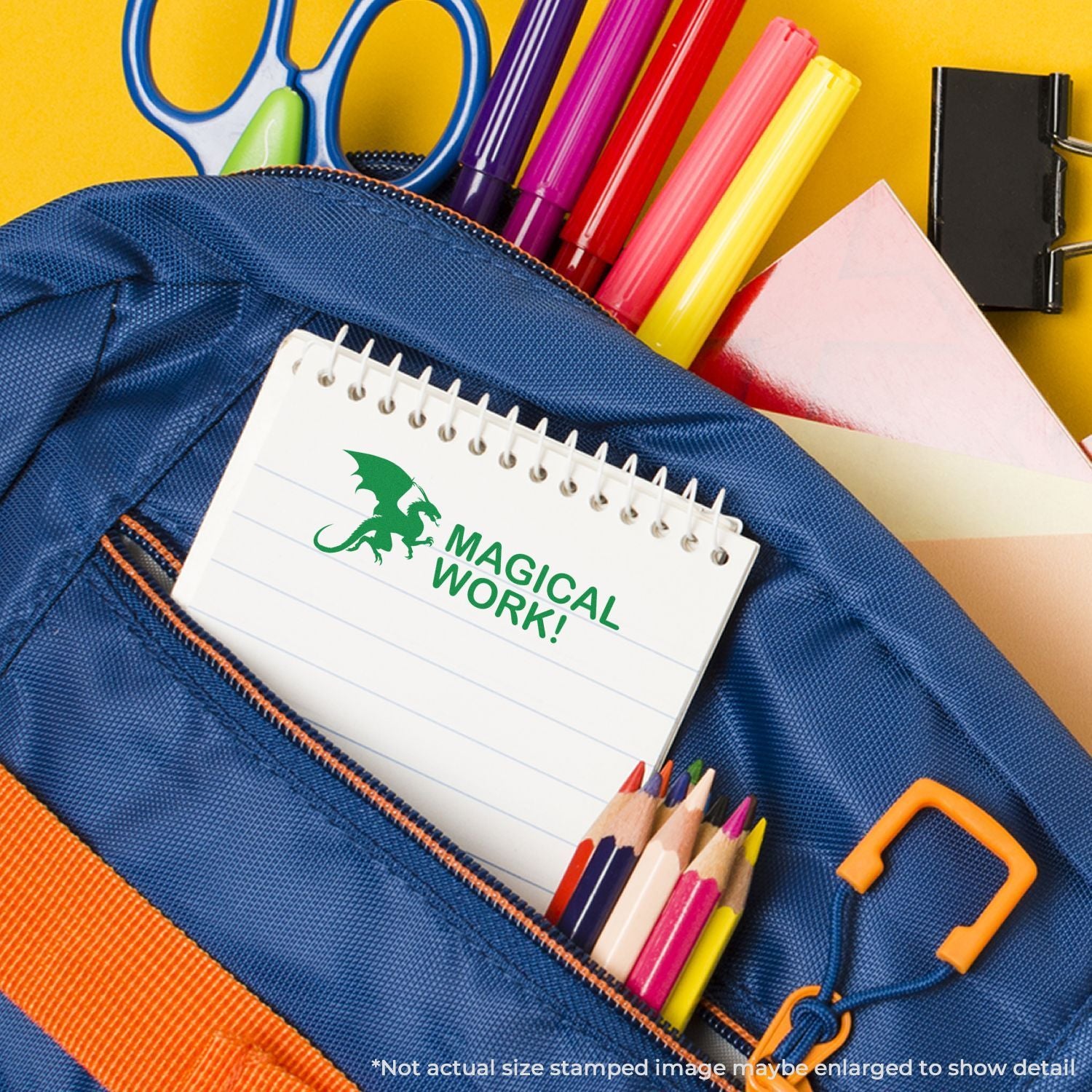 Kids back-to-school stationery set in blue pouch: Magic World notebook with colored pencils and crayons for learning.