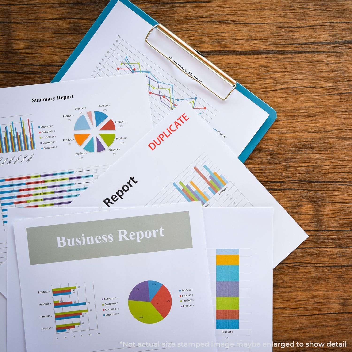 Duplicate business report with colorful charts and analytics, showing market trends on paper and clipboard with pen.