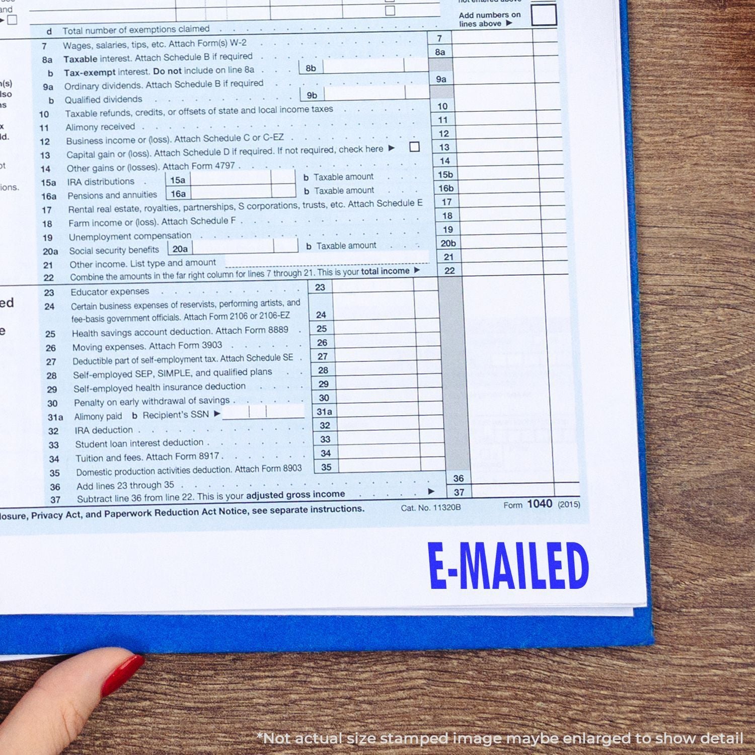 IRS Form 1040 tax return page with income lines and e-mailed stamp, showing adjusted gross income calculations for tax filing.