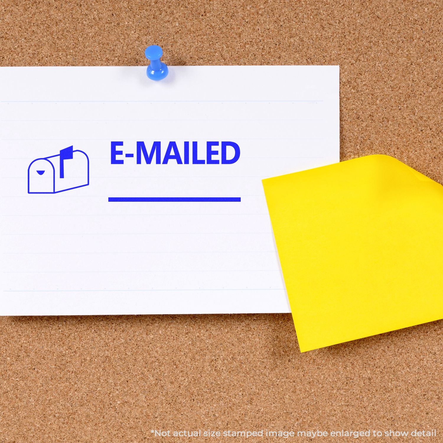 E-mailed message icon on a pinned note with yellow sticky note on cork bulletin board