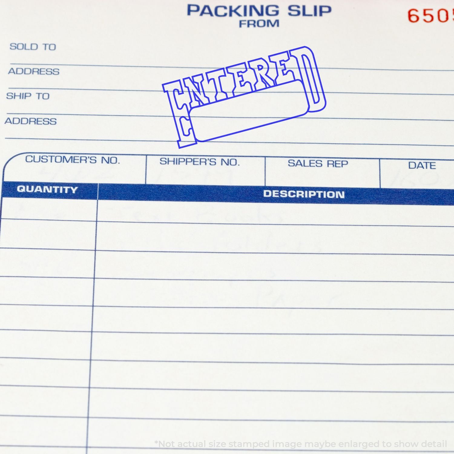 Packing slip form for shipping orders, showing sold-to/ship-to address fields and item description columns for order documentation.
