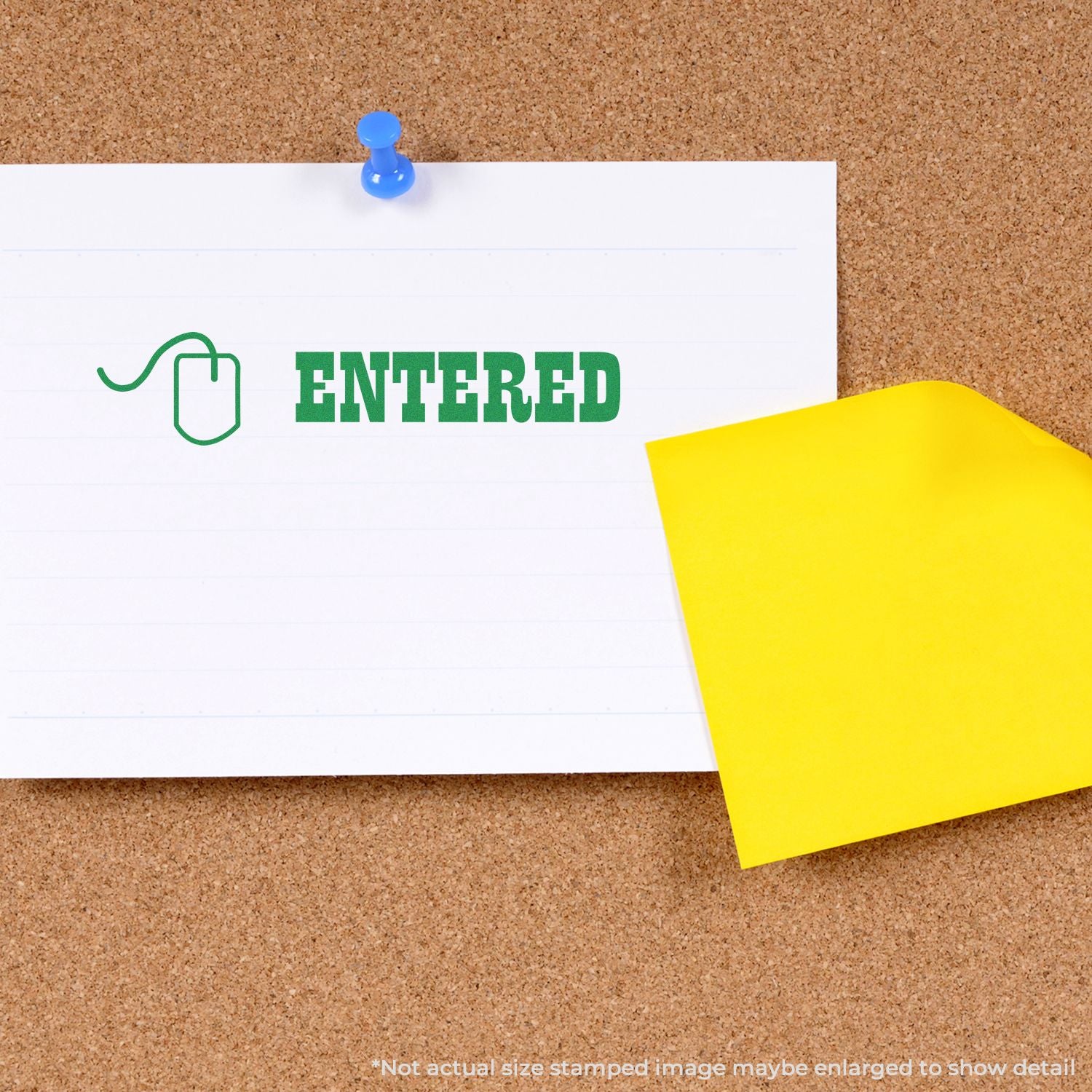Corkboard message pinned with push pin showing ENTFRED text and yellow sticky note for office organization