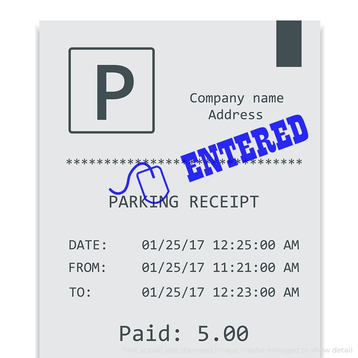 Parking receipt template showing transaction date/time, From/To entry, and $5.00 paid for validated parking at company address invoice proof