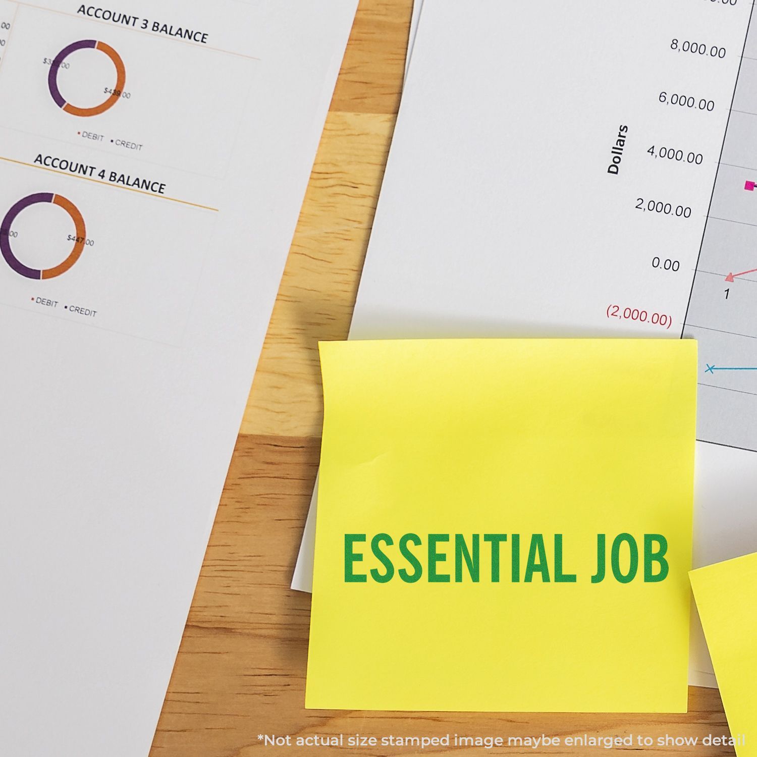 Yellow sticky note ESSENTIAL JOB on an accounting report showing account balances and dollar amounts, finance planning.