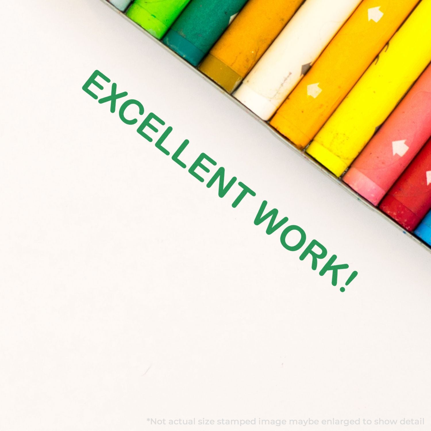 Colorful crayon set with 'Excellent Work!' stamp, celebrating student achievement and classroom education recognition, positive praise for learners.
