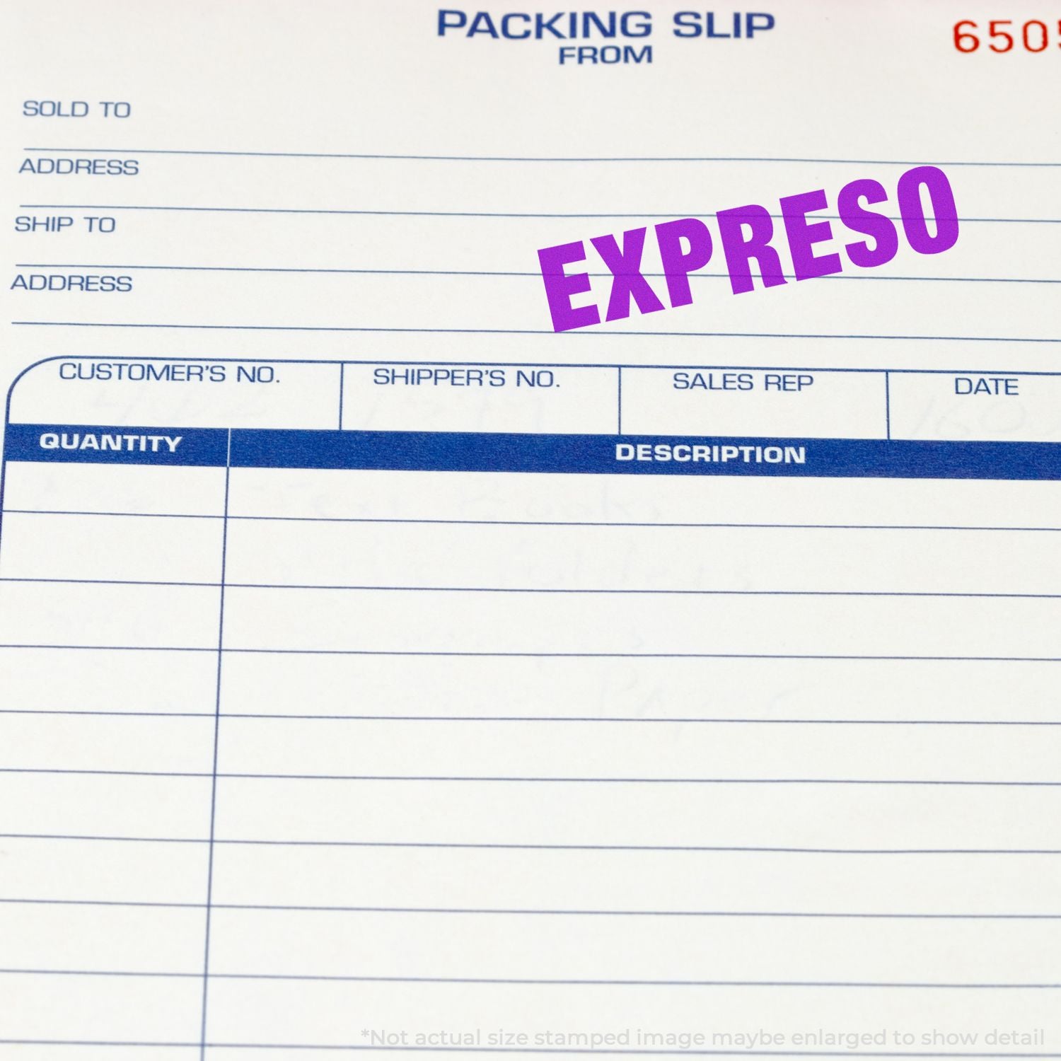 Blank EXPRESO packing slip shipping form with customer, ship to, quantity, and description fields for order fulfillment.