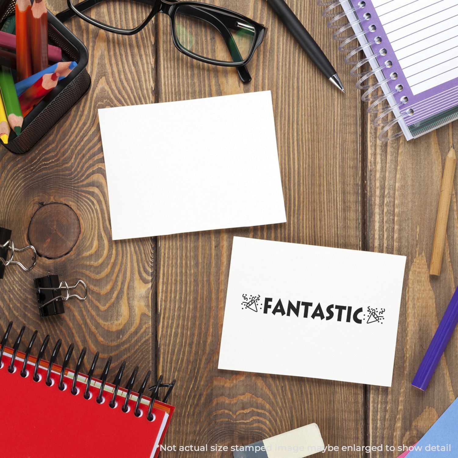Stationery desk flat lay with blank cards, pencils, glasses, and notebooks promoting 'FANTASTIC' greeting card designs for school and office.