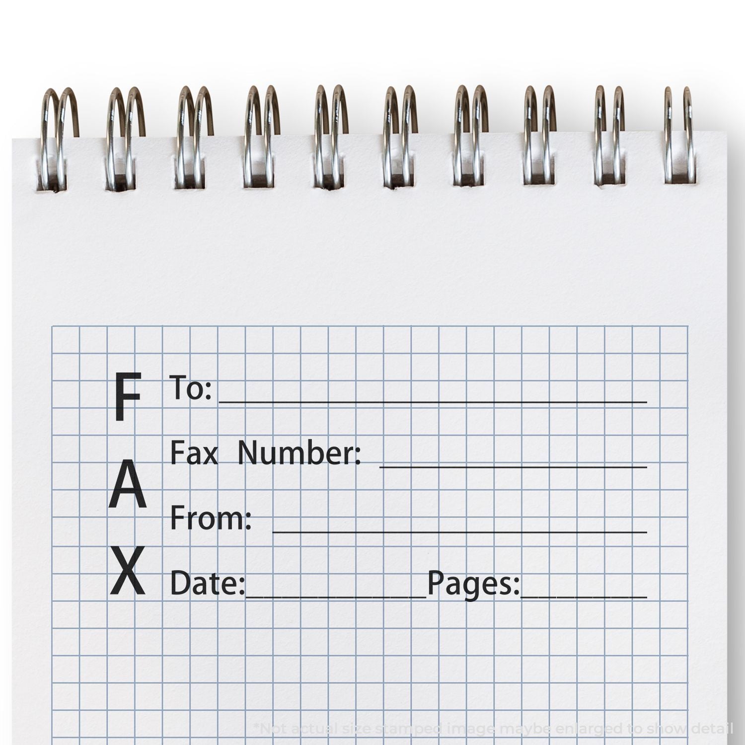 Blank spiral notebook fax cover sheet template with To, Fax Number, From, Date and Pages fields on graph paper.