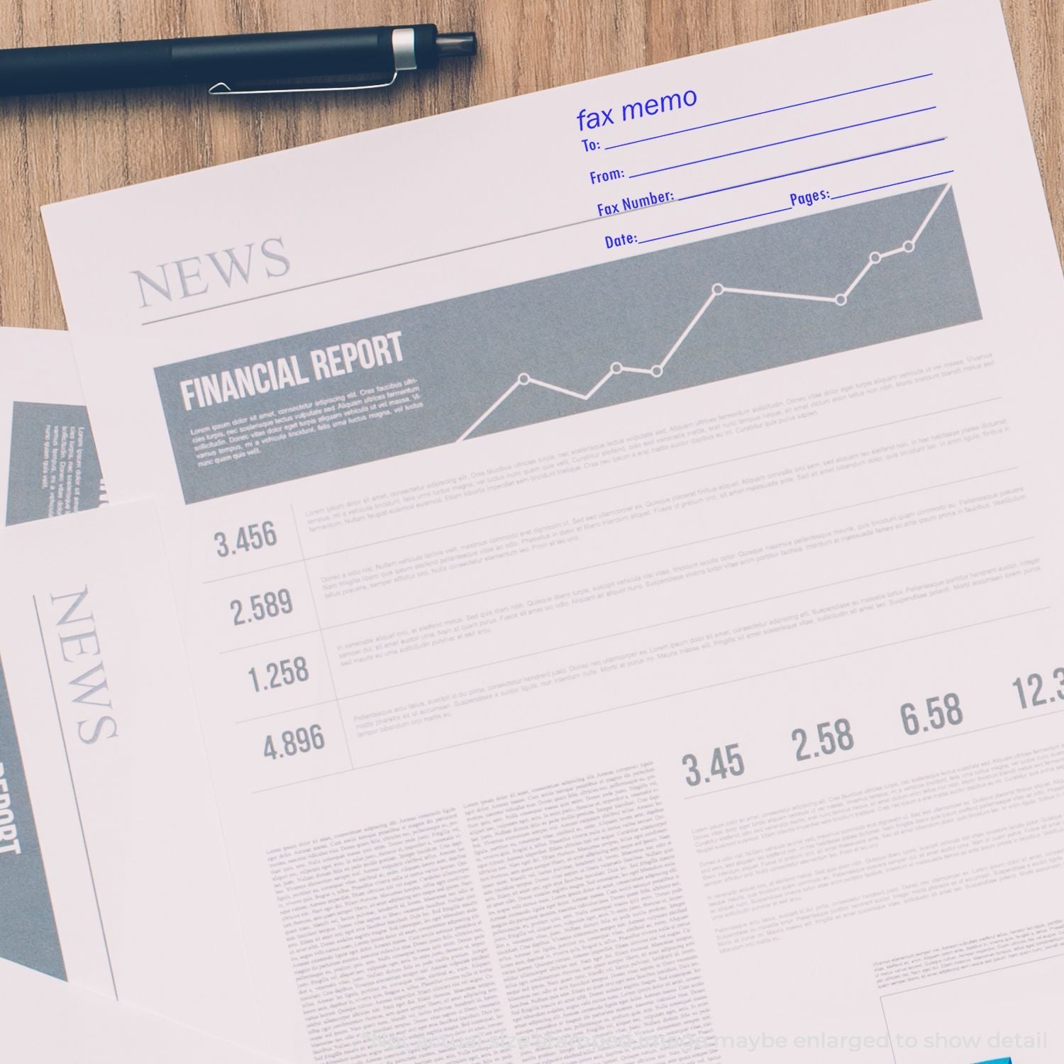 Financial report newspaper with rising line chart, fax memo form, and pen on wooden desk