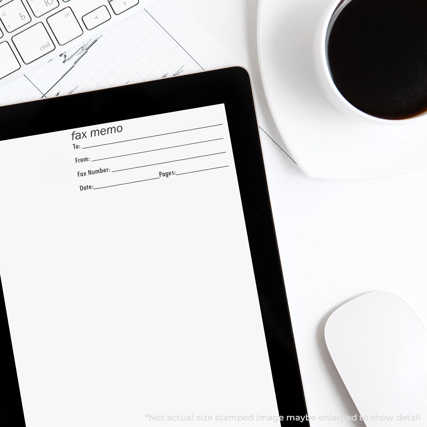 Tablet displaying a fax memo form on a clean office desk with keyboard, coffee cup, and mouse.